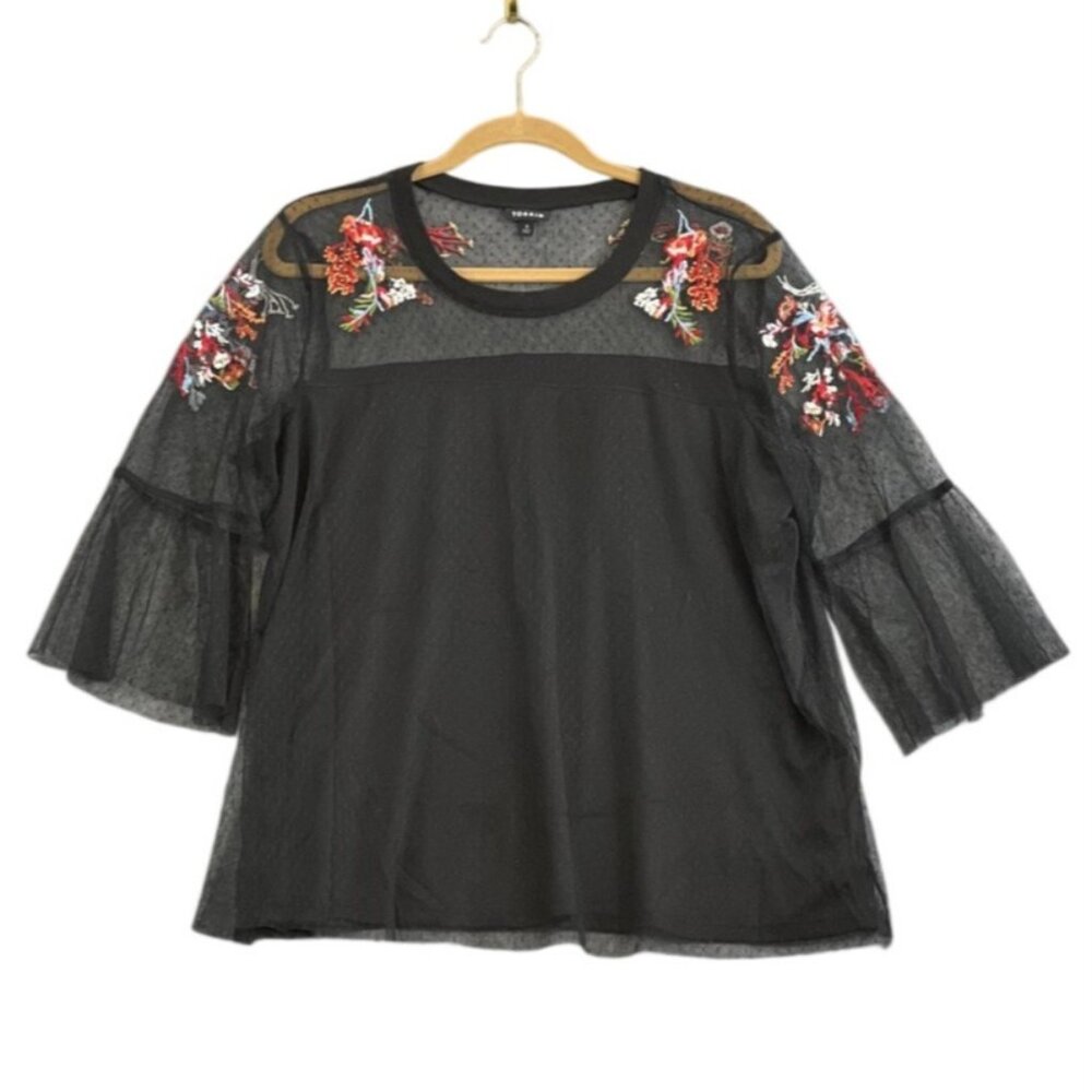 Torrid Womens Large (0) Black Sheer Mesh Floral Embroidered Top Bell Sleeves